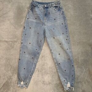Butterfly Embroidered Mom Jeans Size 25x28 Distressed Taper Denim Ankle Fray Y2K